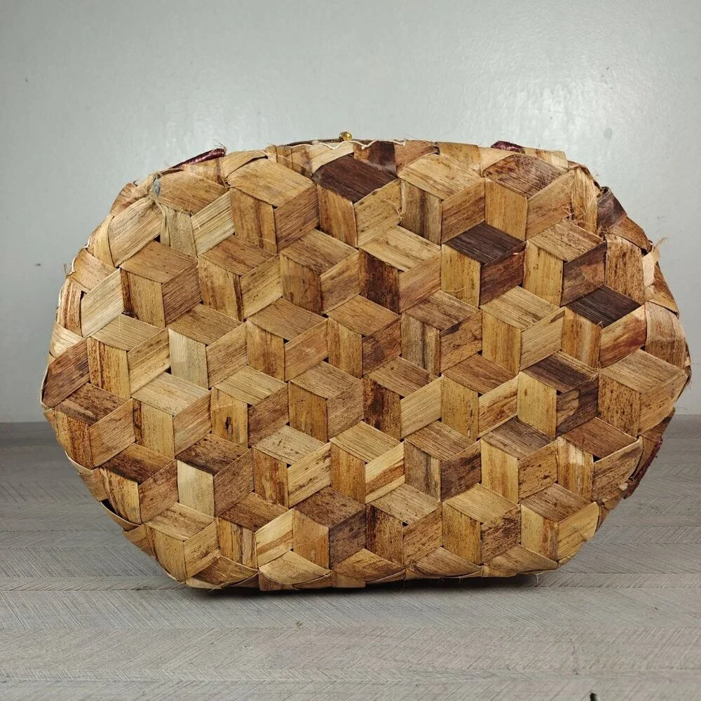 Vintage Handwoven Wicker Sewing Basket With Lid & Decorative Accents